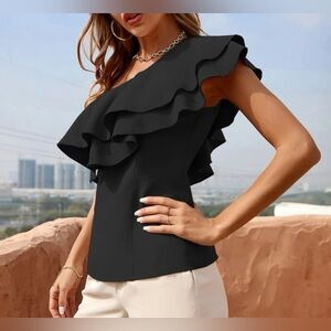 L Black Ruffle detail One Shoulder blouse top size Large cold shoulder black top
